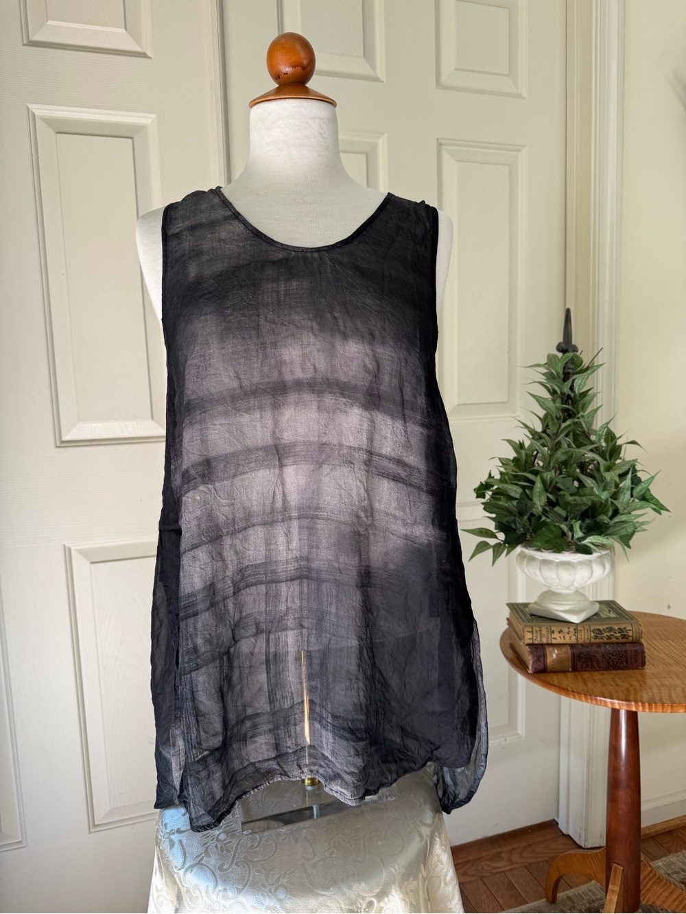 Eileen Fisher black and grey 100% silk  Sheer Sleeveless Tunic Tank